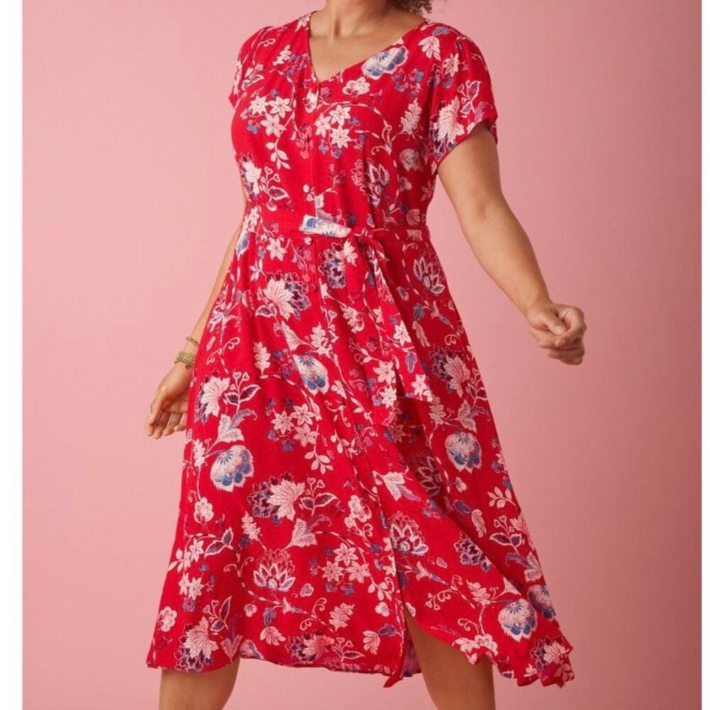 Talbots Jacobean Floral Belted Short Sleeve Midi Shirt Dress Women's 16 W Red